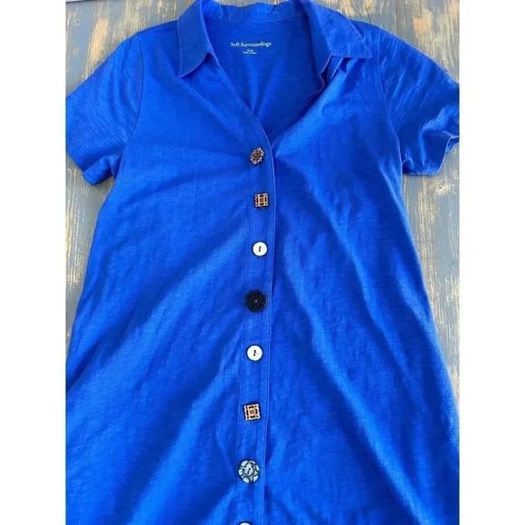 Soft Surroundings Cotton Royal Blue Short Sleeve Dress Button Designs Small - Picture 2 of 8